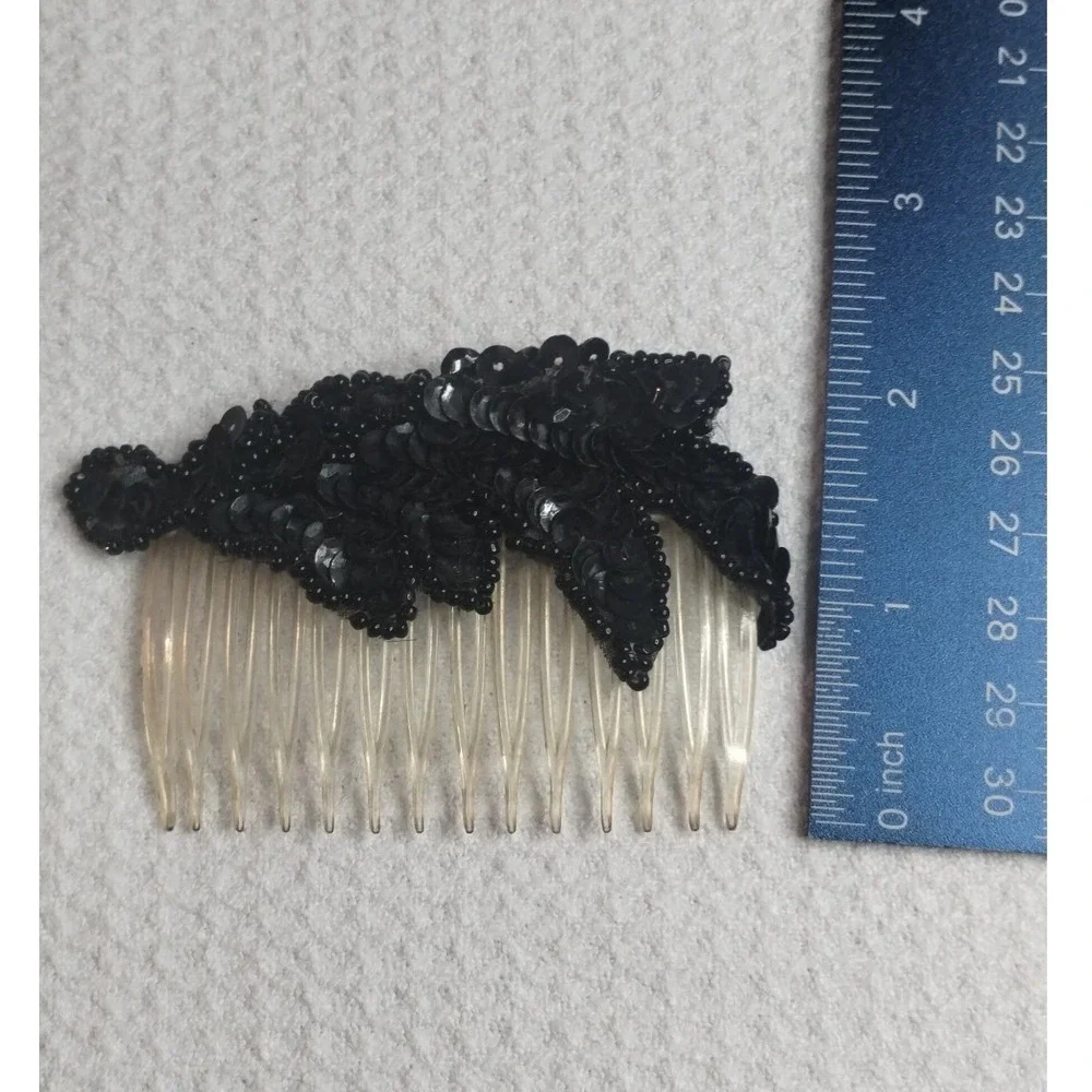 Vintage Style Black Beaded Sequin Floral Hair Comb Accessory Formal Evening Wear